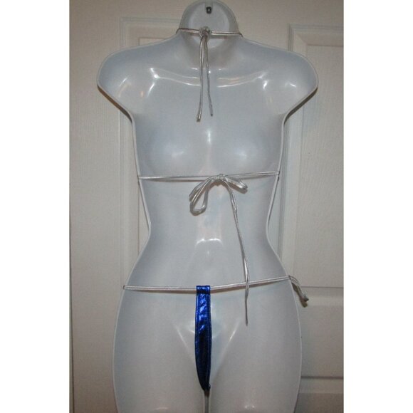 Blue Silver Metallic Micro Strappy String Thong Bikini - NEW - Picture 5 of 8
